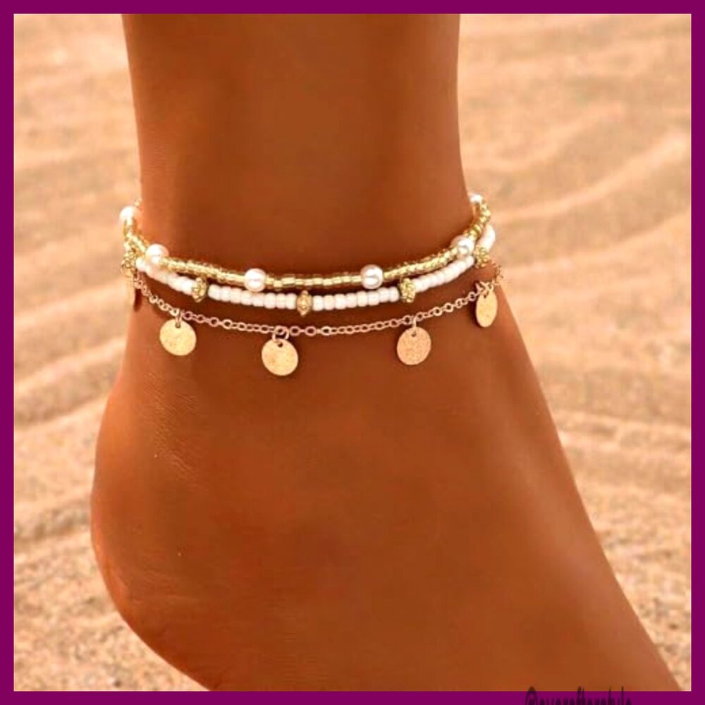 Gold Plated Adjustable Anklet Set, Shell Bead Boh… - image 4